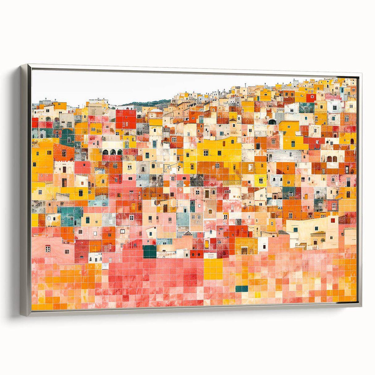 Framed canvas landscape art painting of Guanajuato, Mexico, featuring vibrant colors on a black background.