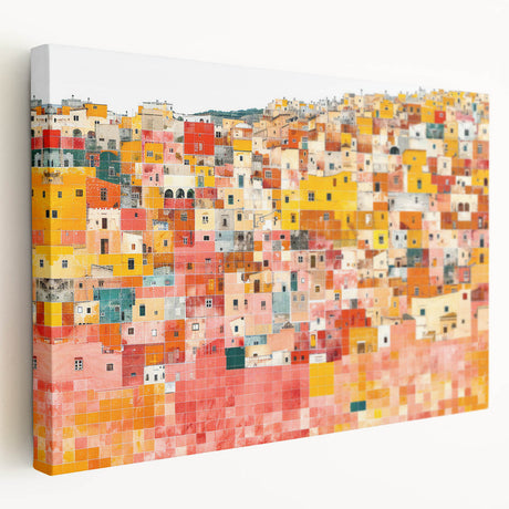 Side view of a stretched canvas featuring a colorful street scene in Guanajuato, Mexico, suitable for kitchen wall art.