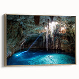 Framed canvas depicting a vintage landscape of Yucatan, Mexico in black and gold tones, ideal for bedroom wall art.