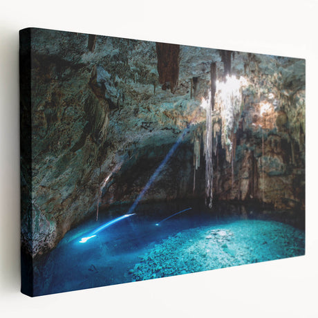 Large canvas print of a Yucatan, Mexico scenery in rich green and blue tones, ideal for kitchen wall art.
