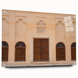 Acrylic print of Dubai skyline in muted earth tones, suitable for bedroom or dining room decor.