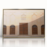 Acrylic print of Dubai skyline in gold tones, framed, ideal for modern art wall decor.