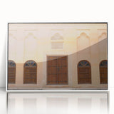 Art deco poster of Dubai skyline in muted gray and white tones on framed acrylic, ideal for modern nursery wall decor.