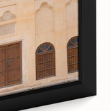 Extra large framed canvas of Dubai skyline in black with textured, colorful art accents, ideal for living room decor.