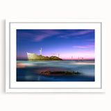 Abstract art print of a Middle Eastern scenery in muted earth tones on a white matted frame, suitable for dining room decor.