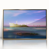 Large art print of a mid-century modernist Iranian scenery in gold tones on framed acrylic, suited for nursery wall decor.