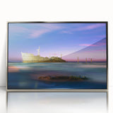 Mid-century modernist art depicting a scenic Middle Eastern landscape in muted earth tones, framed in silver acrylic.