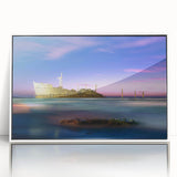 Art deco poster featuring a stylized Middle Eastern landscape in muted earth tones on a framed acrylic.