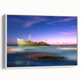 Vintage poster art of a Middle Eastern scenery on framed canvas, featuring vibrant colors, ideal for living room decor.