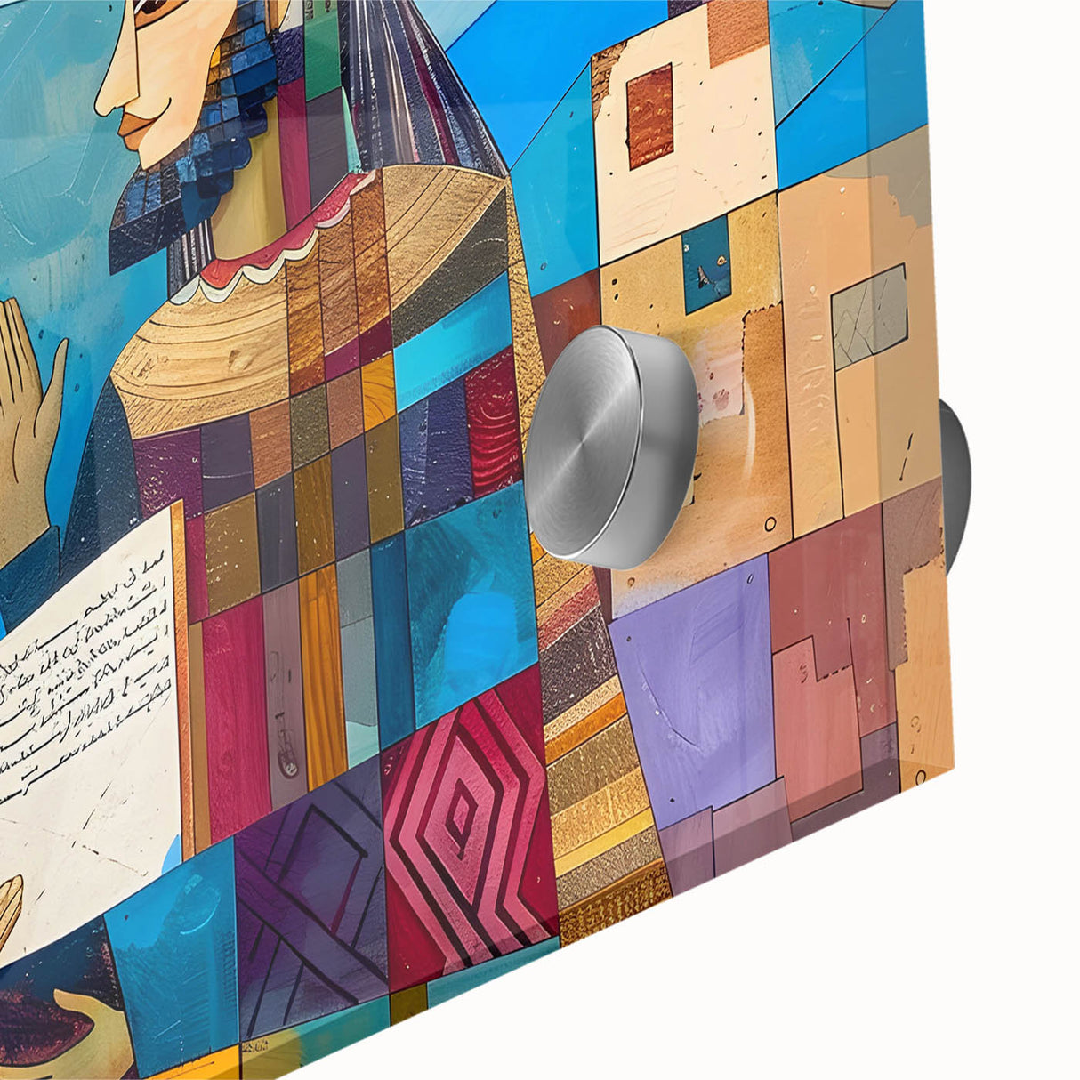 Large abstract wall art depicting a mid-century modernist Iraqi landscape in muted earth tones on acrylic glass.