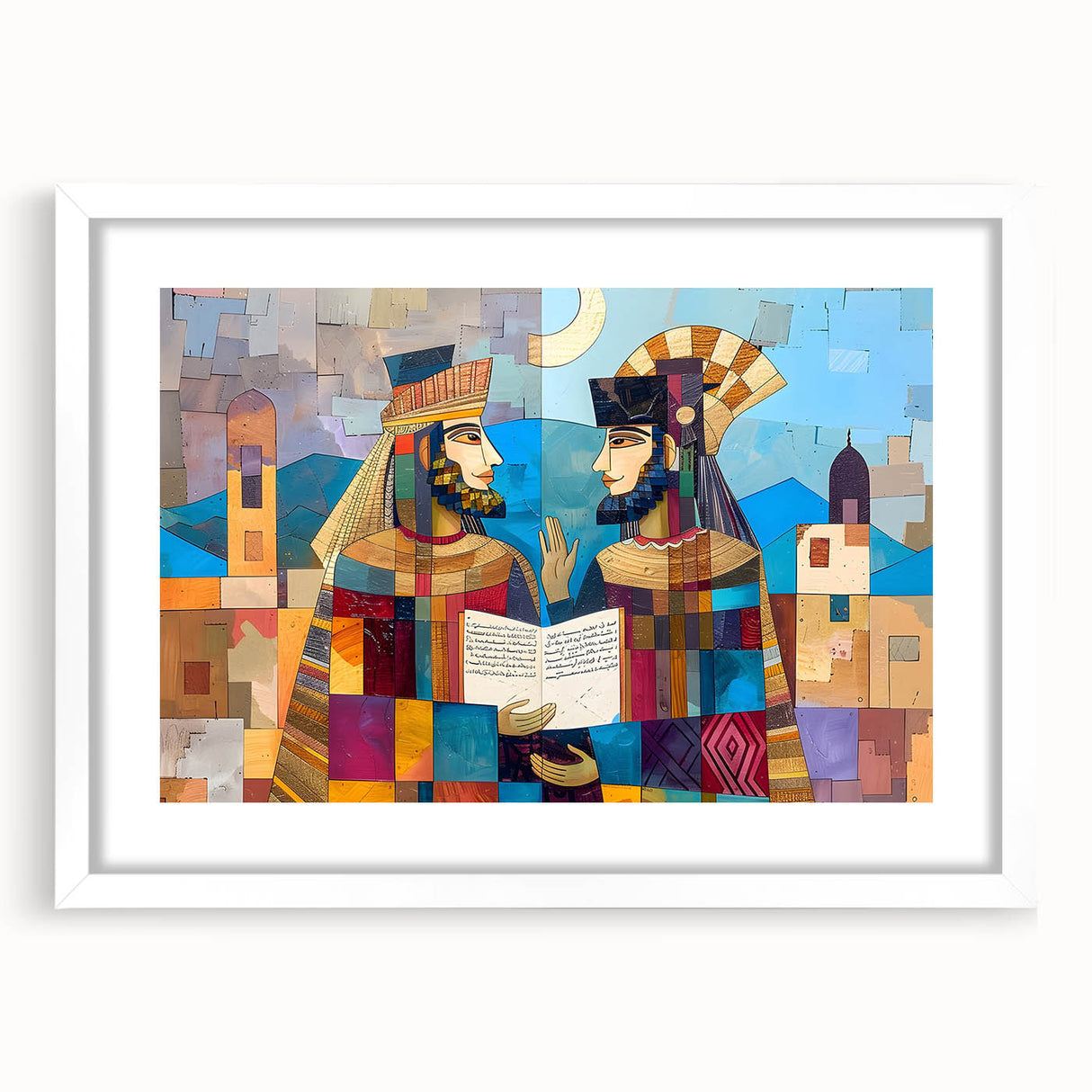 Abstract art print of a Middle Eastern landscape in muted earth tones on a framed white canvas.