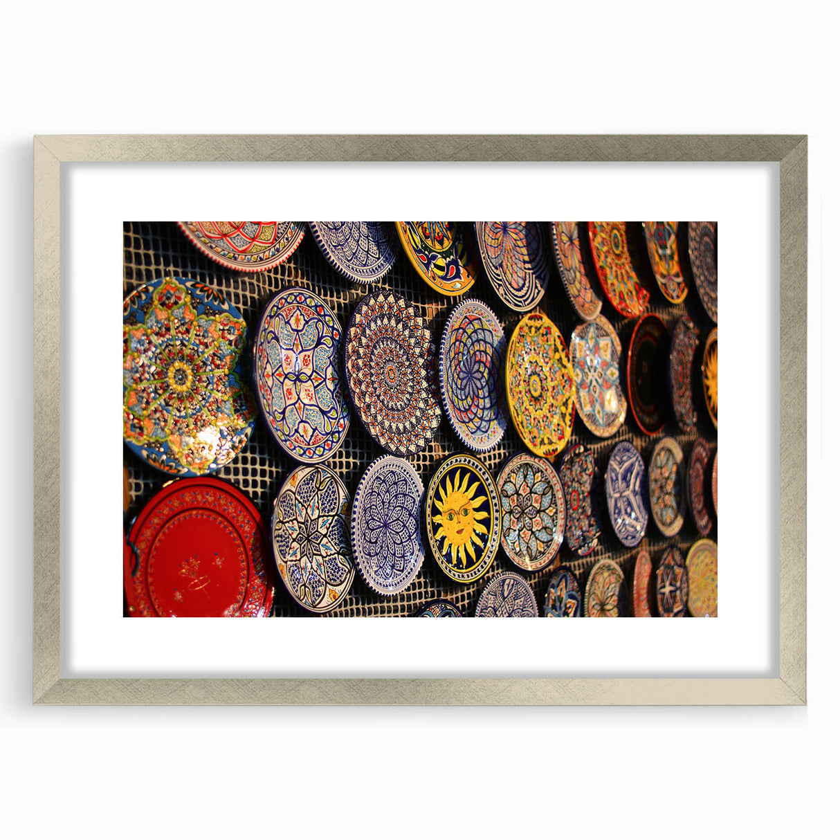 Textured art print of abstract Jerusalem skyline in muted earth tones on a framed silver mat, suitable for bedroom art.