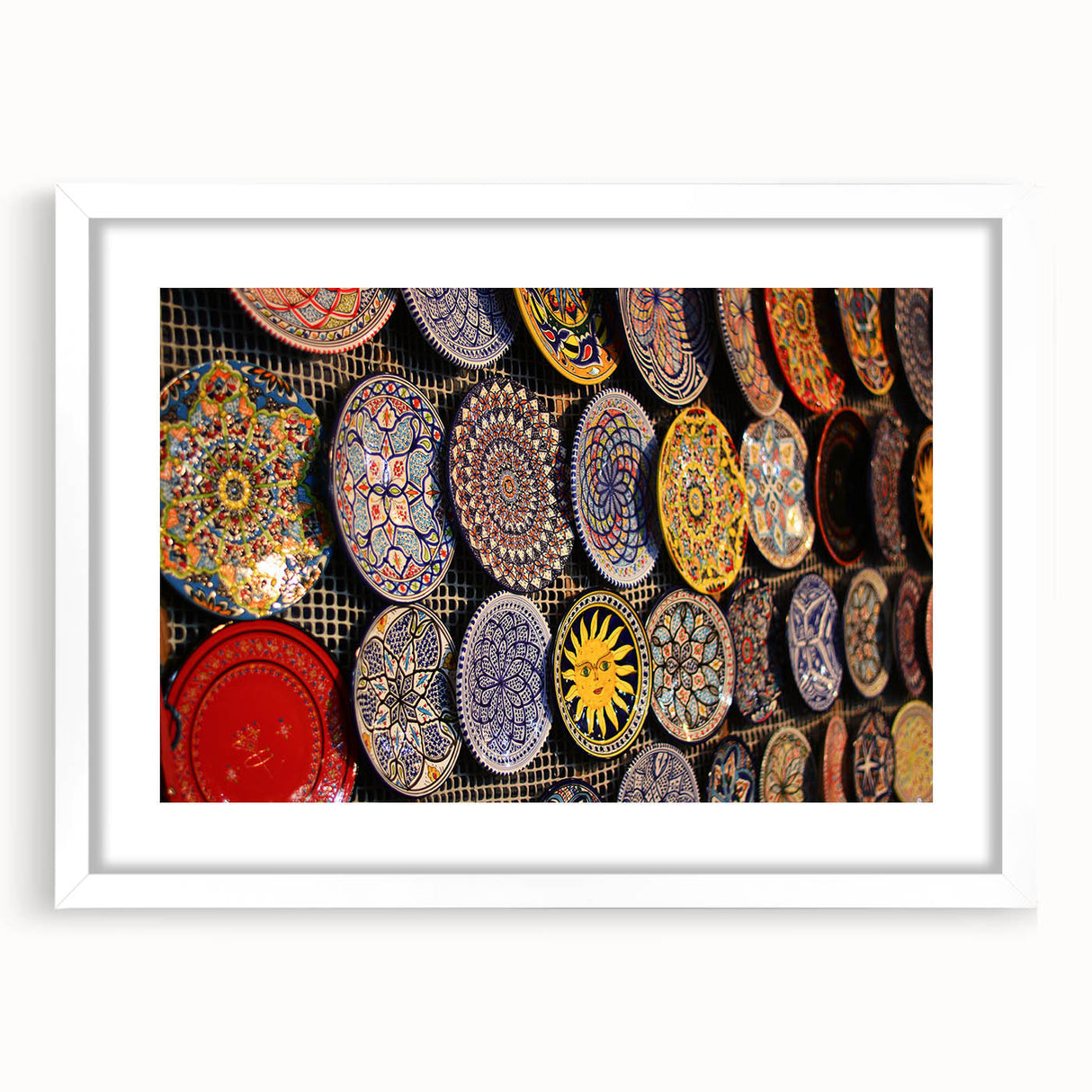 Abstract art print of Jerusalem scenery in muted earth tones on a framed white canvas, suitable for dining room decor.