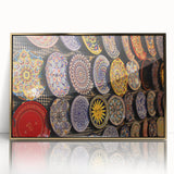 Large art print of Jerusalem skyline in gold and blue tones on framed acrylic, suitable as modern art wall decor.