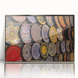 Mid-century modernist art depicting the Jerusalem skyline in muted earth tones on a framed acrylic panel.