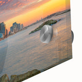 Large abstract wall art of Tel Aviv skyline in pastel shades on acrylic glass, ideal for dining room art.
