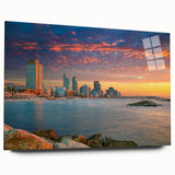 Large abstract wall art of Tel Aviv skyline in muted gray and blue tones on acrylic glass.