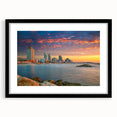 Extra large, colorful abstract art print of Tel Aviv scenery on textured canvas, framed in black.