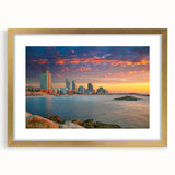 Extra large abstract art print of Tel Aviv skyline in muted gold and blue tones on textured canvas.