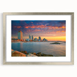 Textured abstract art print of Tel Aviv skyline in muted gray and silver tones, framed with a mat, ideal for bedroom art.