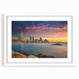 Abstract art print of Tel Aviv skyline in muted blue and white tones on a framed poster.