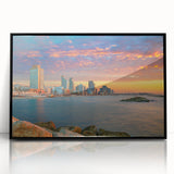 Large abstract wall art of Tel Aviv skyline in muted grays and blues on a framed acrylic, ideal for modern art wall decor.