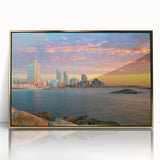 Mid-century modernist art of Tel Aviv skyline in gold and beige tones on a framed acrylic.