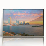 Mid-century modernist art of Tel Aviv skyline in silver frame, acrylic print, suited for modern art wall decor.