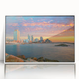 Art deco poster of Tel Aviv skyline in muted gray and blue tones on framed acrylic, ideal for modern bedroom ambiance.