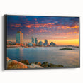 Black and white framed canvas of Tel Aviv landscape, in vintage poster art style, ideal for bedroom wall decor.