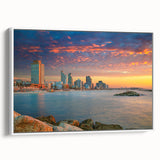 Vintage poster art of Tel Aviv skyline in colorful hues on a large framed canvas, ideal for living room decor.