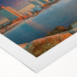 Art deco poster of Tel Aviv skyline in muted earth tones on rolled canvas, suitable for dining room wall art.