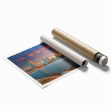 Extra large rolled print of Tel Aviv scenery with floral accents in muted colors, suitable for classy bathroom wall art.