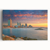 Black and white large art print of Tel Aviv skyline on stretched canvas, ideal for kitchen wall art.