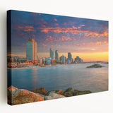 Tel Aviv cityscape on large stretched canvas in muted earth tones, ideal for kitchen wall art.