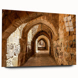 Large abstract wall art depicting a Middle Eastern scenery in muted earth tones on acrylic glass.