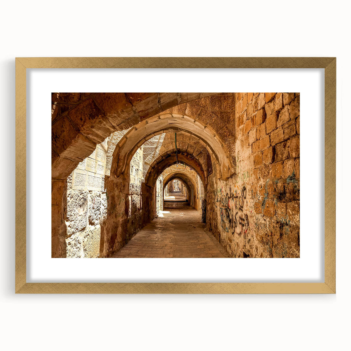 Extra large abstract art print depicting a Middle Eastern scenery in gold and earth tones, framed with a mat.