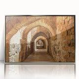 Mid-century modernist art depicting a Middle Eastern scenery in muted earth tones on a framed acrylic panel.