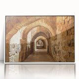 Art deco poster of Middle Eastern scenery in muted colors, framed acrylic, ideal for modern nursery wall art.