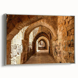 Landscape art painting of a Middle Eastern scene on framed canvas, featuring vibrant colors against a black background.