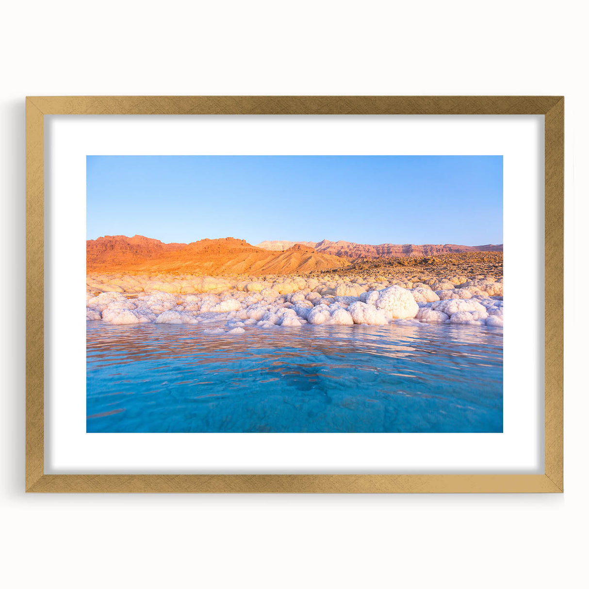 Extra large abstract art print depicting a textured Middle Eastern desert scene in warm earth tones, framed with a gold mat.