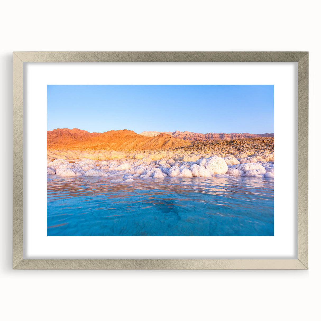 Textured art print of abstract Jordan scenery in muted earth tones on a framed canvas, suitable for bedroom decor.