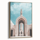 Framed canvas featuring a vintage-style landscape painting of Oman in muted gold and black tones, ideal for bedroom wall art.