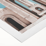 Art deco poster of an Omani landscape on rolled canvas, featuring muted earth tones, ideal for dining room wall art.