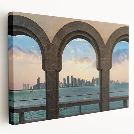 Panoramic view of Qatar skyline on large stretched canvas, featuring muted earth tones, ideal for kitchen wall art.