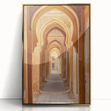 Framed acrylic print of a minimalist Saudi Arabian landscape in gold and earth tones, ideal for modern art wall decor.