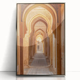 Mid-century modernist art of a Saudi Arabian landscape in muted earth tones, framed acrylic, ideal for nursery wall art.