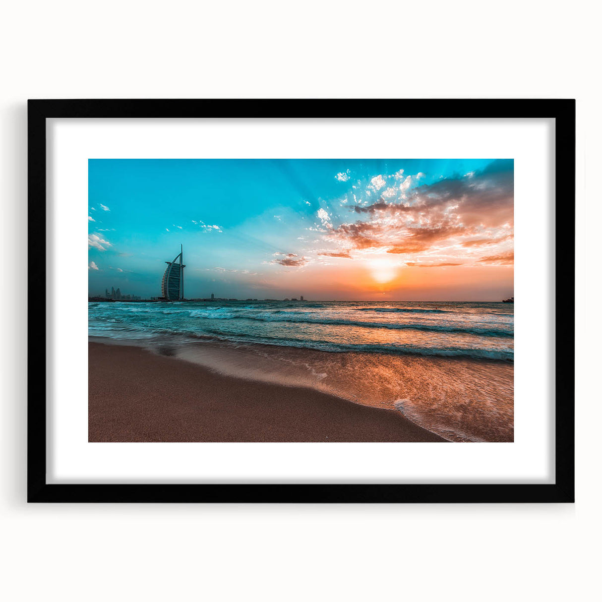 Extra large abstract art print of a colorful, textured Abu Dhabi skyline on a black framed canvas.