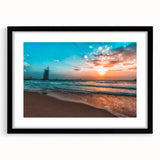 Extra large abstract art print of a colorful, textured Abu Dhabi skyline on a black framed canvas.