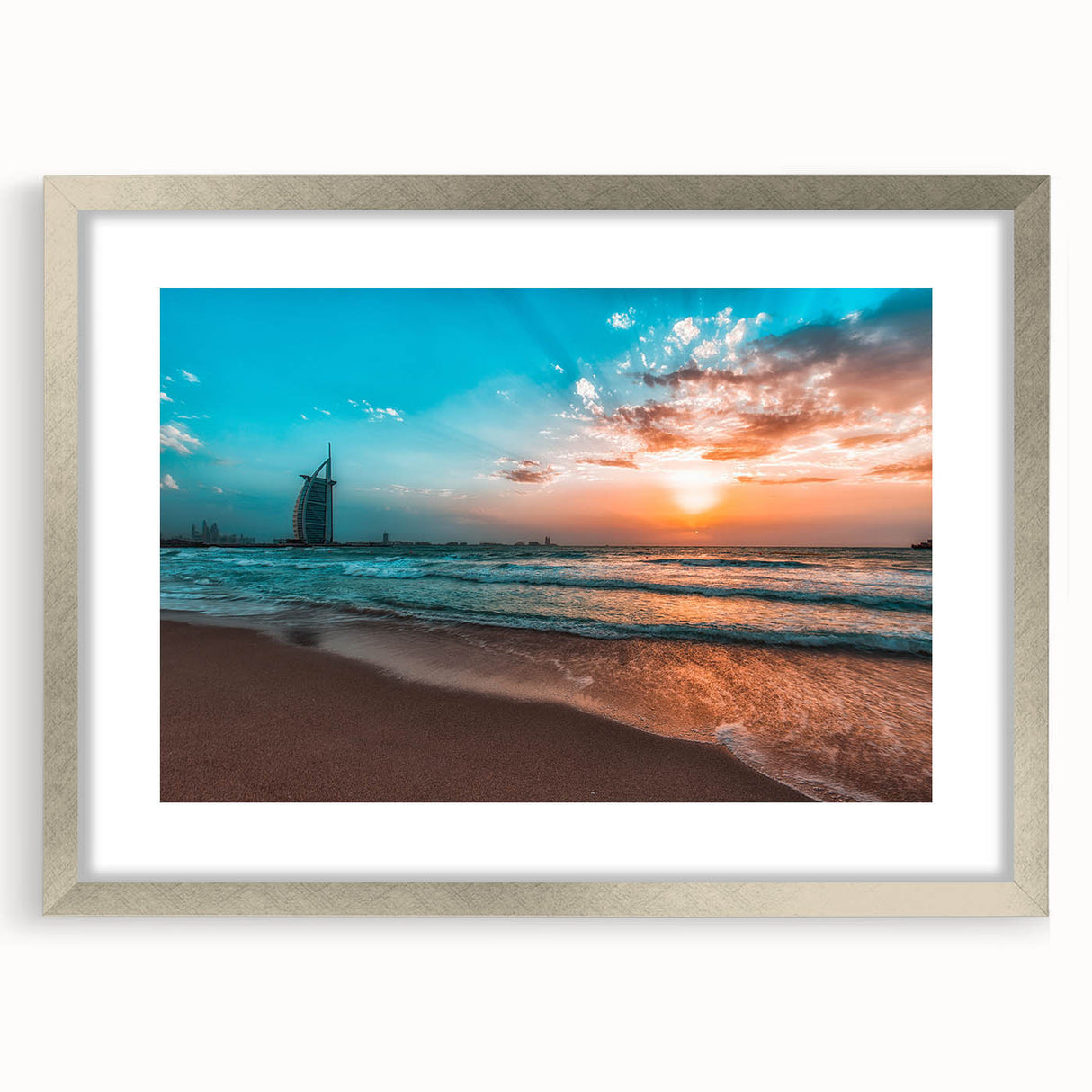 Textured abstract art print of Abu Dhabi scenery in silver frame, ideal for modern bedroom ambiance.